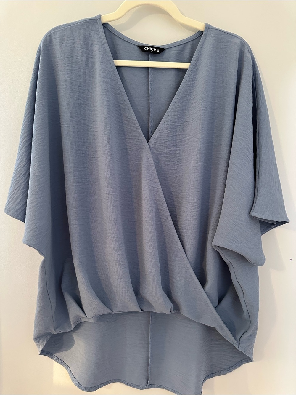 CHICME Women’sBlue GrayV-Neck Draped Blouse Top 3/4 Sleeve Size M Oversized Look